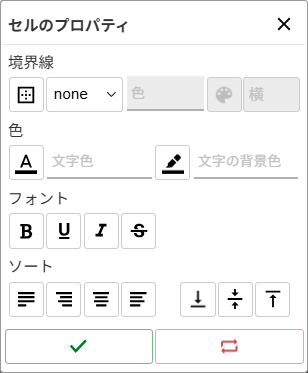 セルのプロパティのウインドウ