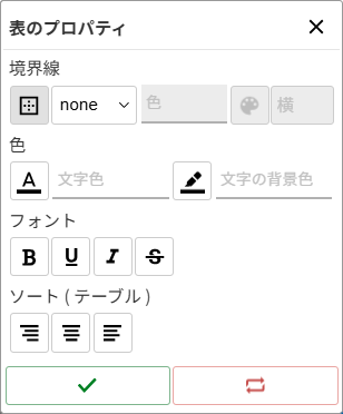 表のプロパティのウインドウ