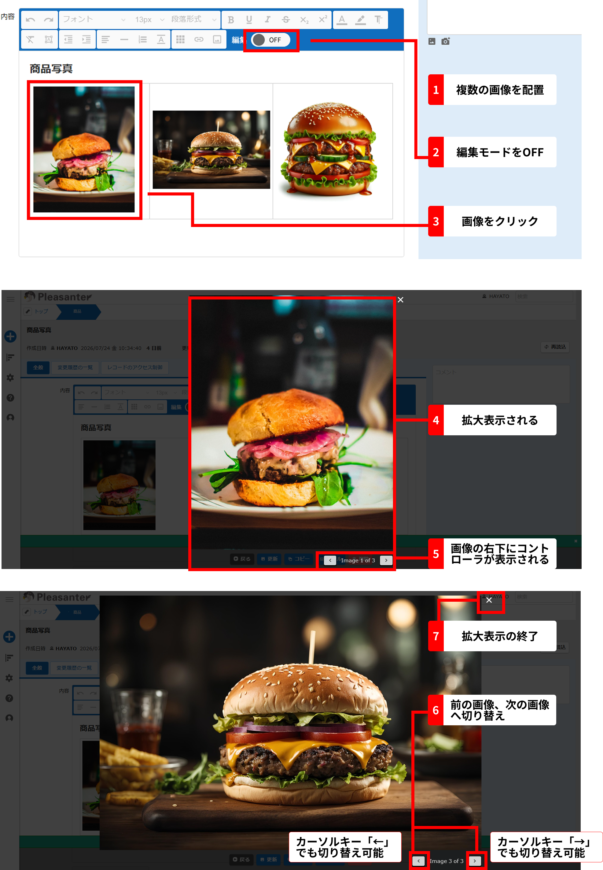 ポップアップした画像の右下に表示される、前後の画像を見るコントロール