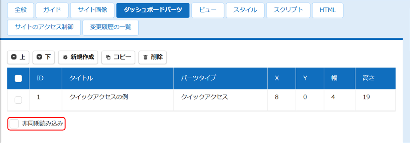 「ダッシュボードパーツ」タブの「非同期読み込み」チェックボックス