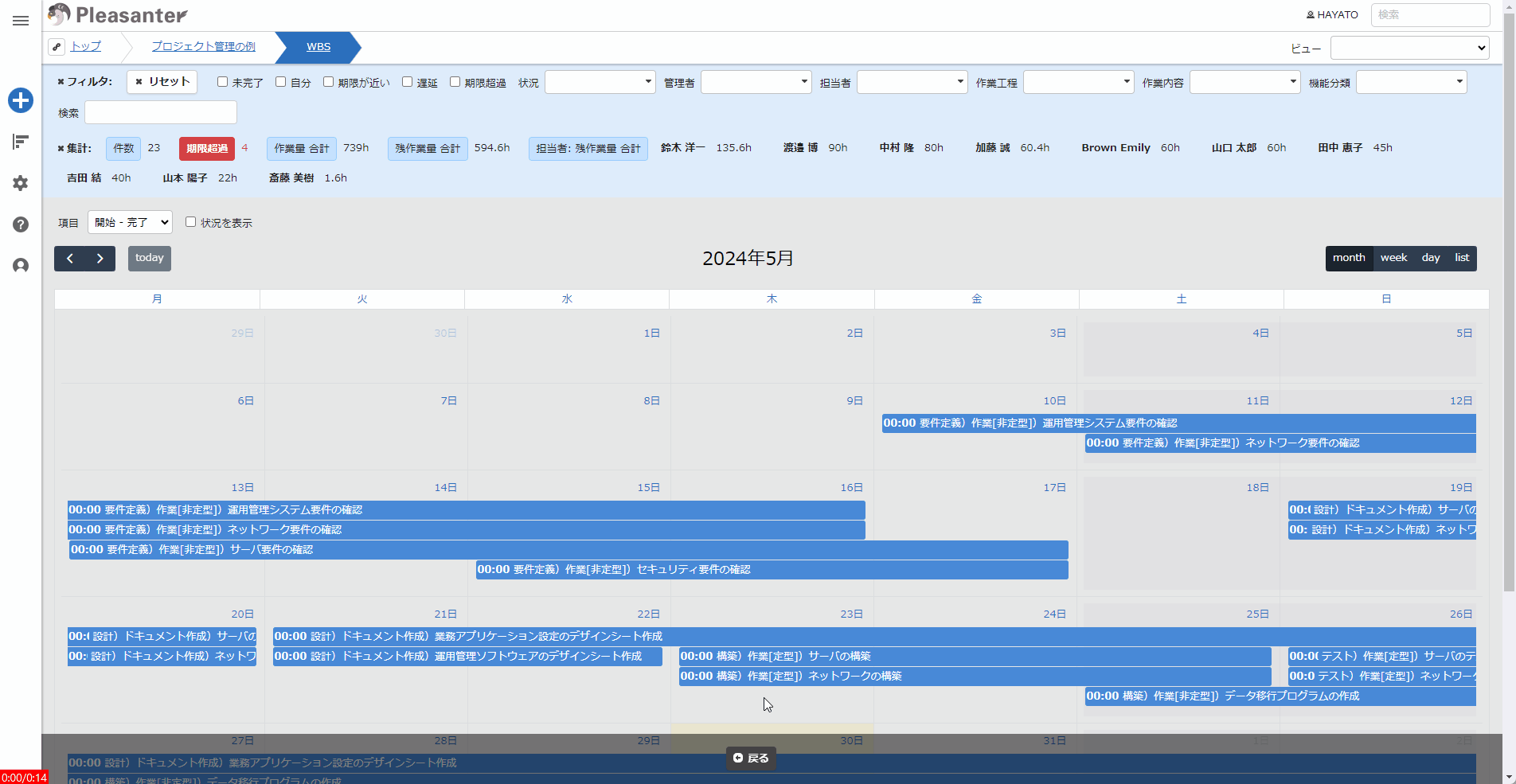 カレンダータイプ「FullCalendar」でレコードを表示した画面