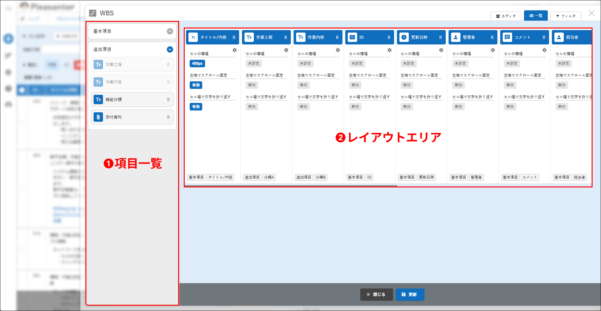 一覧のドラッガブルエリア。左の項目一覧と右のレイアウトエリアに番号を振った図
