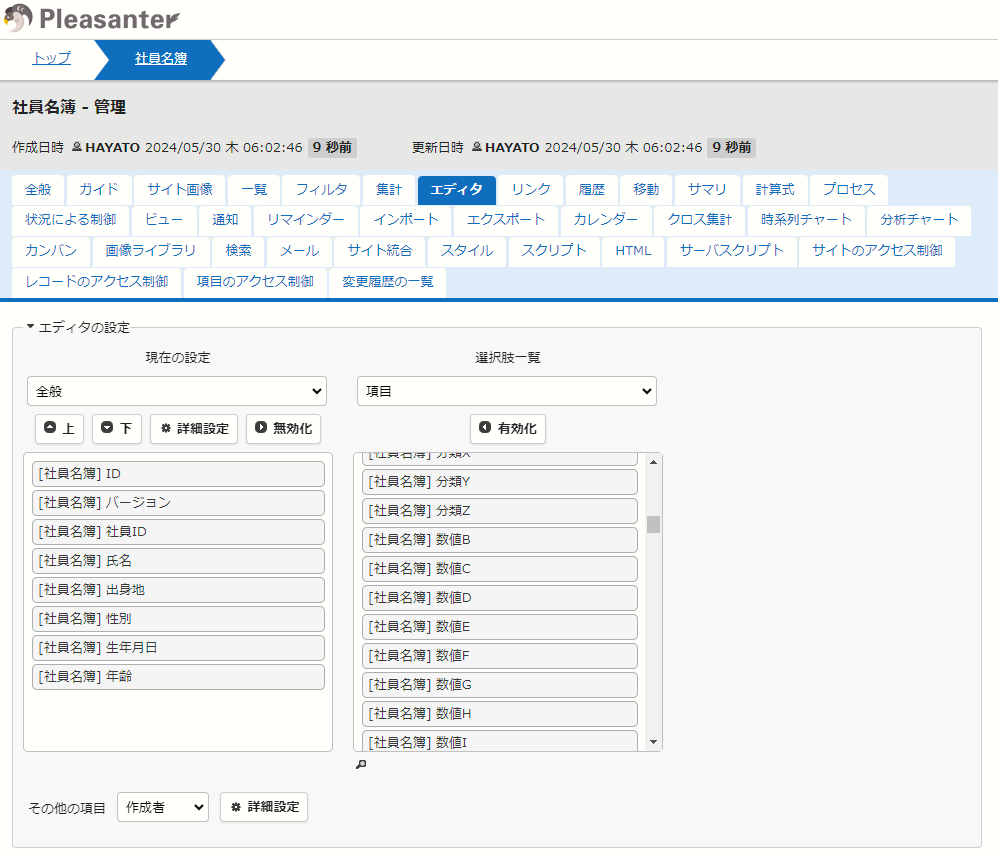 項目名を設定した後のエディタ画面
