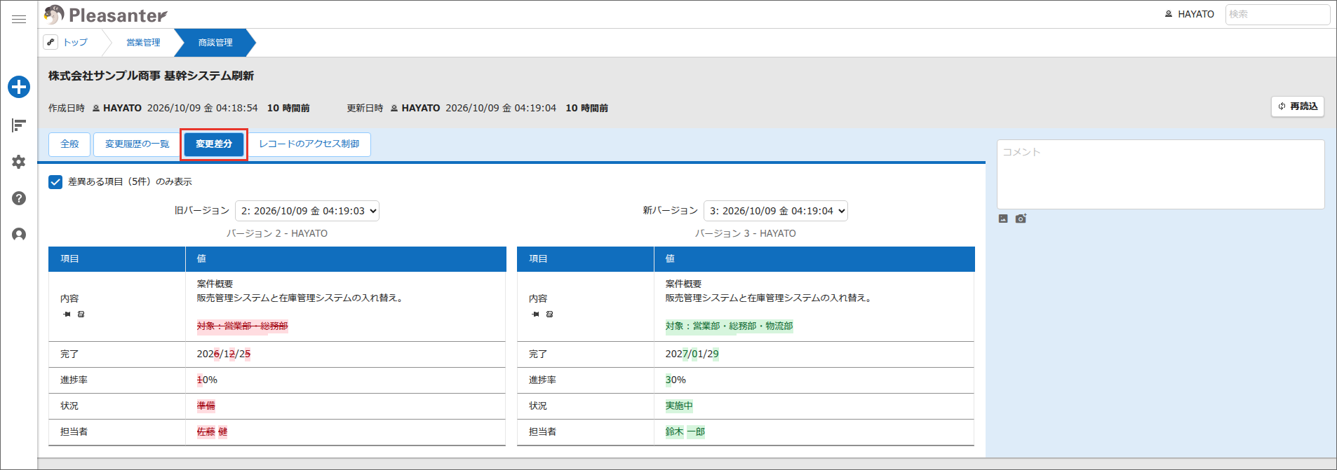 レコードのエディタの「変更差分」タブ。旧バージョンと新バージョンの項目の値が左右に並ぶ